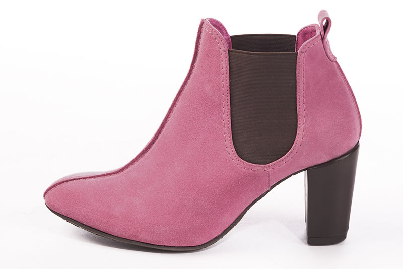 Carnation pink and chocolate brown women's elegant sneakers. Round toe. High block heels. Profile view - Florence KOOIJMAN